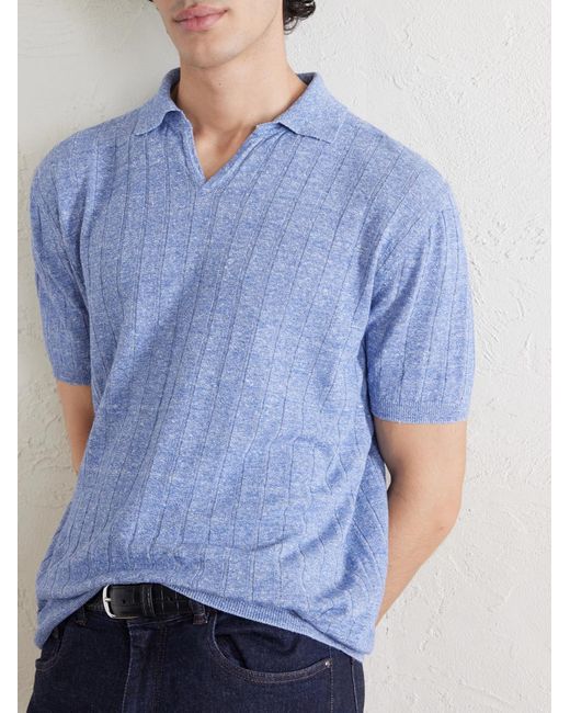 Boglioli Blue Ribbed Linen And Cotton-Blend Polo Shirt for men