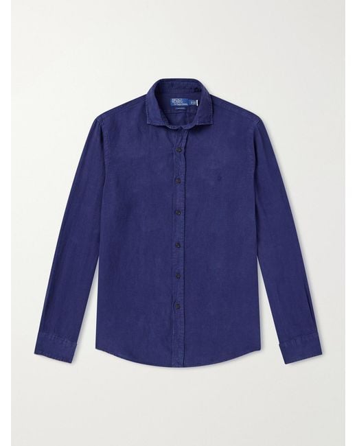 Polo Ralph Lauren Blue Logo-Embroidered Linen Shirt for men