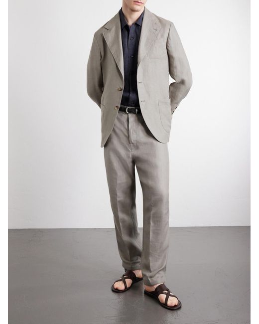 Brunello Cucinelli Gray Straight-Leg Herringbone Linen Trousers for men