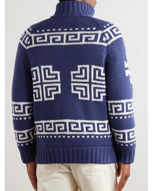 Brunello Cucinelli Blue Jacquard-Knit Cashmere Down Rollneck Cardigan for men