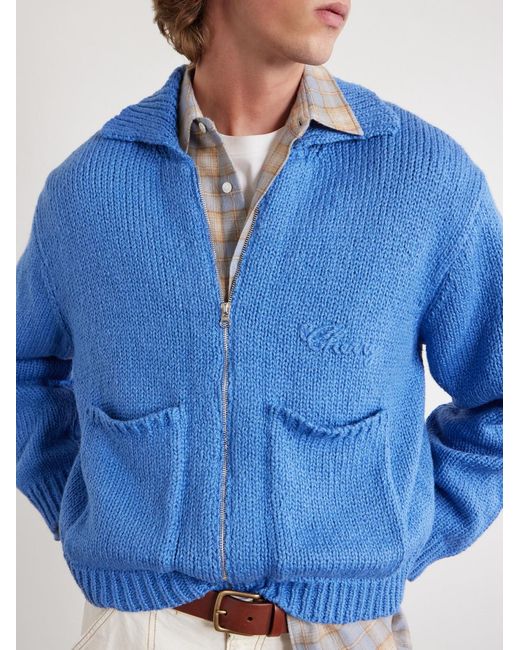 CHERRY LA Blue Logo-Embroidered Cotton Zip-Up Cardigan for men