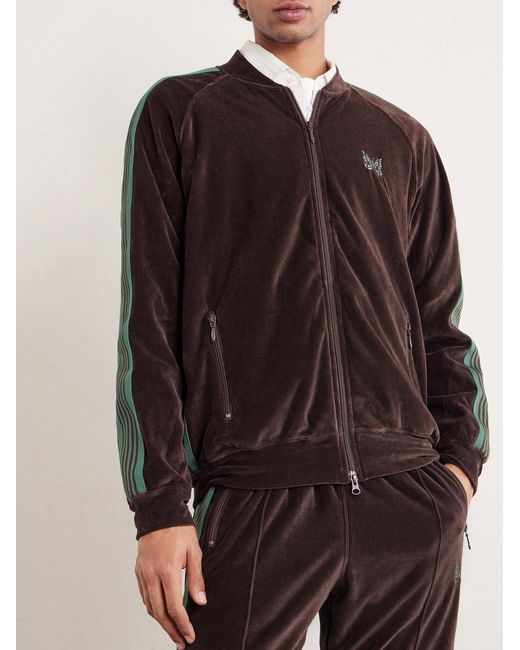 Needles Brown Logo-Embroidered Striped Cotton-Blend Velour Track Jacket for men