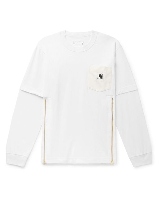 Sacai White Carhartt Wip Layered Logo-appliquéd Canvas-trimmed Cotton-jersey T-shirt for men