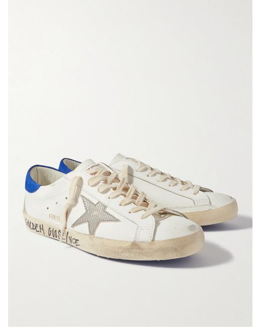 Golden Goose Deluxe Brand White Super-star Distressed Printed Suede-trimmed Leather Sneakers for men