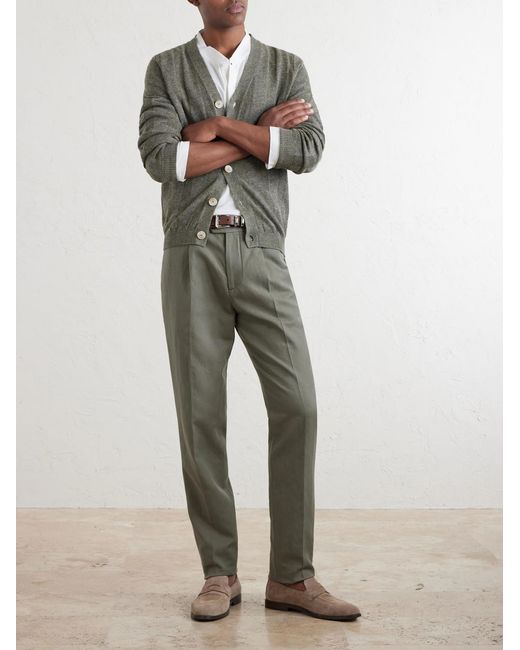 Brunello Cucinelli Gray Straight-Leg Pleated Cotton And Linen-Blend Trousers for men