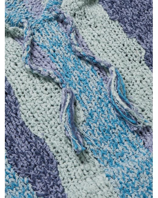 The Elder Statesman Blue Tasselled Striped Crocheted Organic Cotton Hoodie for men