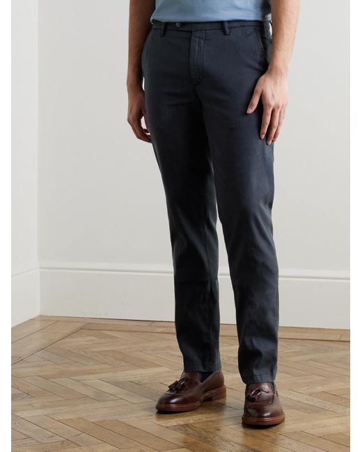 Canali Blue Garment-Dyed Stretch-Lyocell And Cotton-Blend Trousers for men
