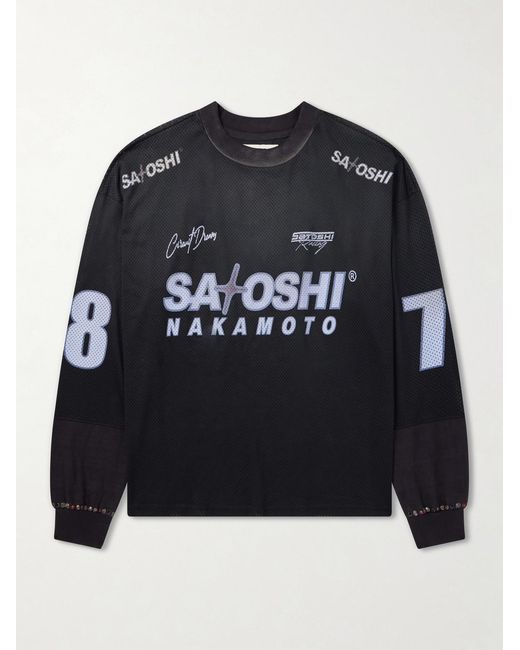 Satoshi Nakamoto Black Moto Logo-Print Mesh T-Shirt for men
