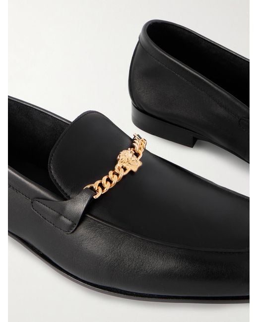 Versace Black Logo-Embellished Leather Loafers for men
