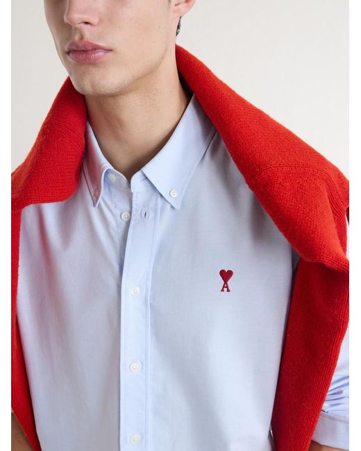 AMI White Logo-Embroidered Cotton Oxford Shirt for men
