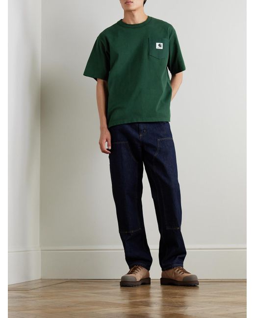 Sacai Green Carhartt Wip Logo-Appliquéd Canvas-Trimmed Cotton-Jersey T-Shirt for men