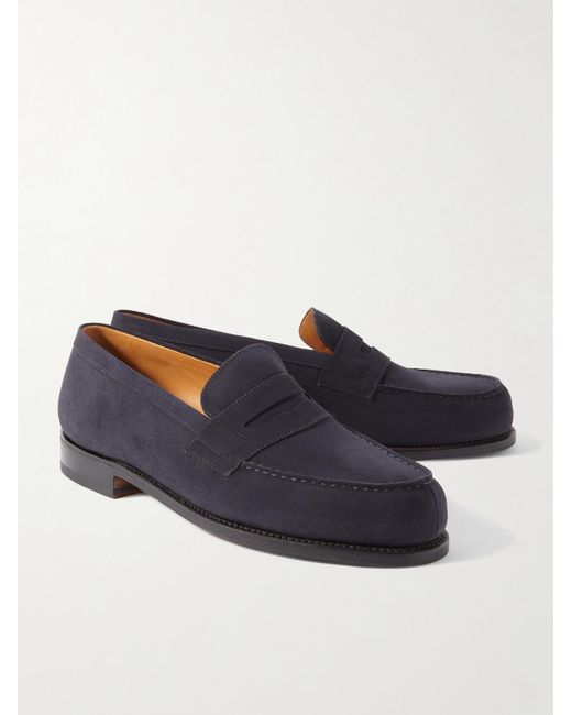 J.M. Weston Blue 180 Moccasin Suede Penny Loafers for men