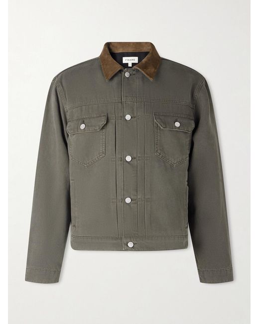 FRAME Green Suede-Trimmed Cotton-Canvas Trucker Jacket for men