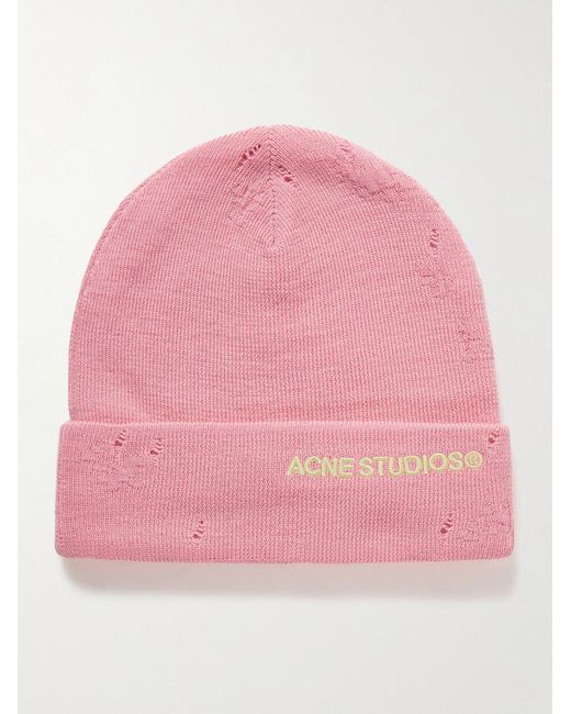 Acne Pink Kinau Logo-Embroidered Distressed Wool-Blend Beanie for men