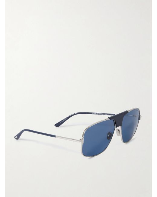 Tom Ford Blue Tex Aviator-style Leather-trimmed Silver-tone Sunglasses for men