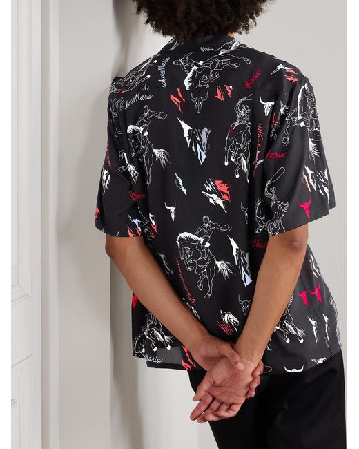 Wacko Maria Black Convertible-collar Printed Woven Shirt for men
