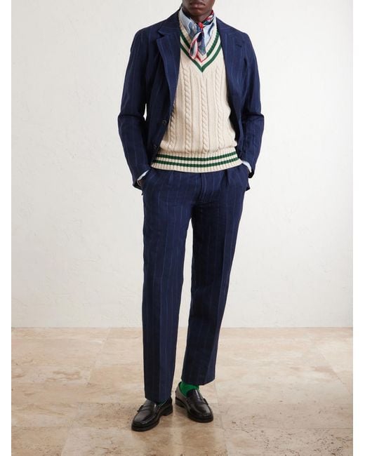 Drake's Blue Games Straight-leg Pinstriped Cotton And Linen-blend Suit Trousers for men