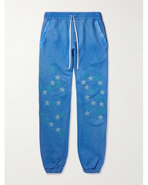 Amiri Blue Tapered Leather-Appliquéd Supima Cotton-Jersey Sweatpants for men