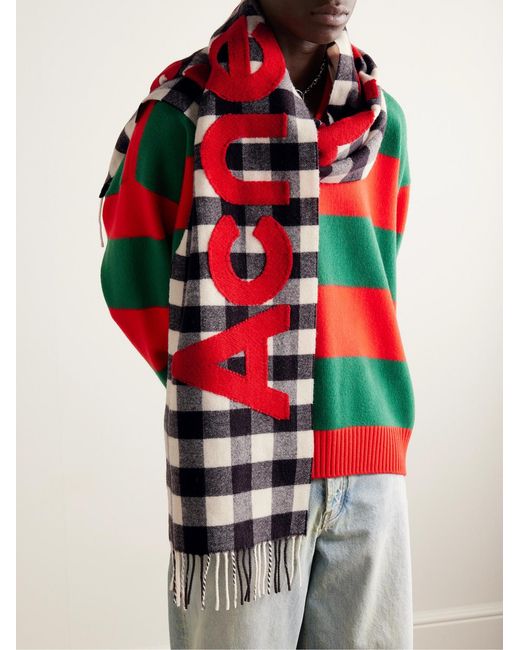 Acne Red Veda Logo-Appliquéd Fringed Checked Wool-Blend Scarf for men