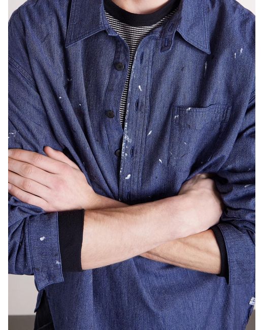 Paint-Splattered Cotton And Silk-Blend Chambray Shirt di Visvim in Blue da Uomo