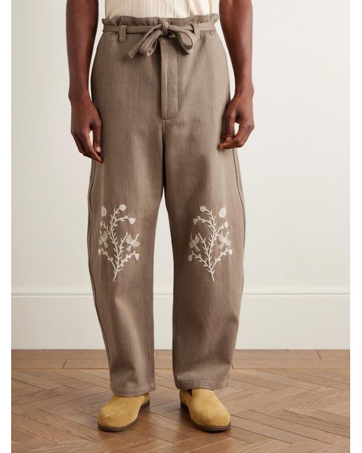 Kartik Research Natural Fauji Belted Embellished Embroidered Cotton-Twill Wide-Leg Trousers for men