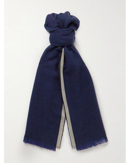 Brunello Cucinelli Blue Fringed Striped Wool And Cashmere-Blend Scarf for men