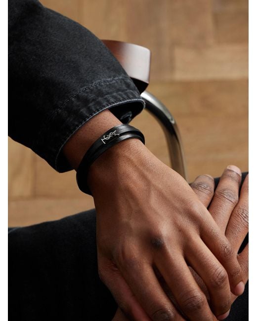 Saint Laurent White Cassandre Logo-Embellished Leather Bracelet for men