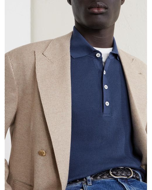 Brunello Cucinelli Blue Ribbed Cotton Polo Shirt for men