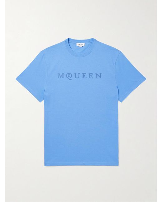 Alexander McQueen Blue Logo-Flocked Cotton-Jersey T-Shirt for men