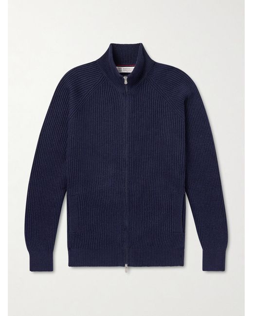 Ribbed Cotton Zip-Up Sweater di Brunello Cucinelli in Blue da Uomo