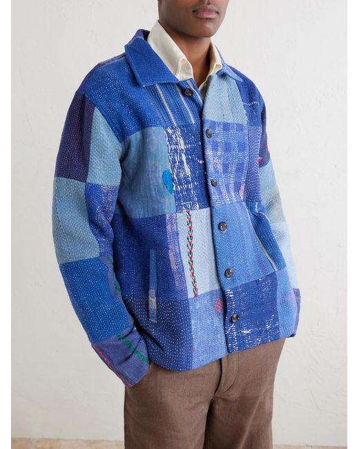 Kartik Research Blue Kantha Patchwork Embroidered Cotton Jacket for men