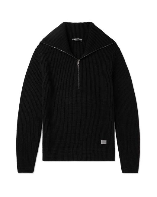 Dolce & Gabbana Black Logo-Appliquéd Ribbed Wool Half-Zip Sweater for men