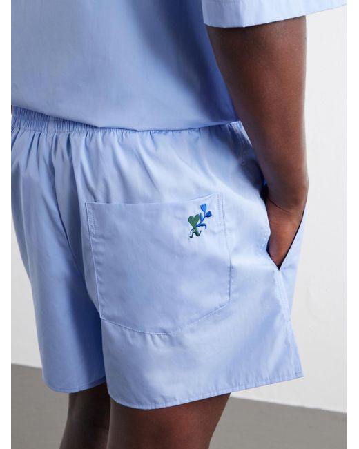 AMI Blue Straight-Leg Embroidered Cotton-Poplin Shorts for men