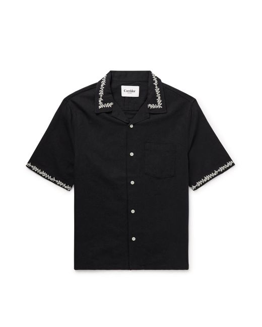 Corridor NYC Black Convertible-Collar Embroidered Linen And Cotton-Blend Voile Shirt for men