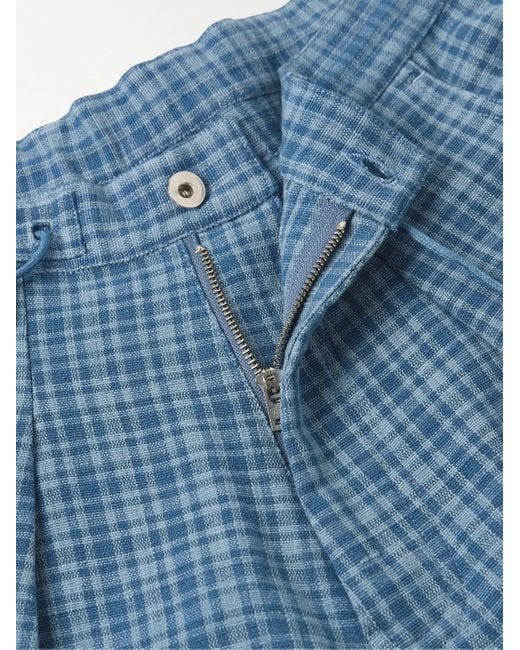STORY mfg. Blue Lush Tapered Pleated Checked Organic Cotton Drawstring Trousers for men