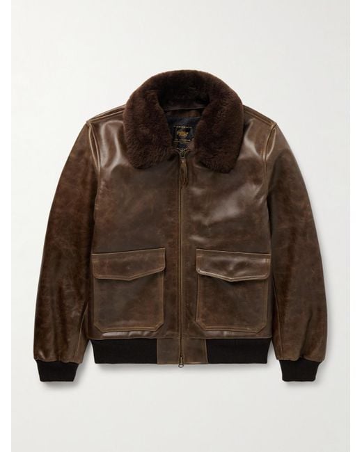 Golden Bear Brown The Carter Shearling-Trimmed Leather Bomber Jacket for men