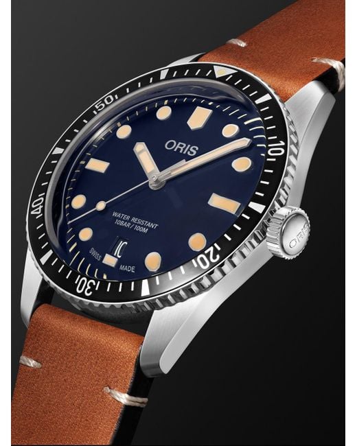 Oris Black Divers Sixty-Five Date Automatic 40Mm Stainless Steel And Leather Watch, Ref. No. 01 733 7707 4055-07 5 20 45 for men