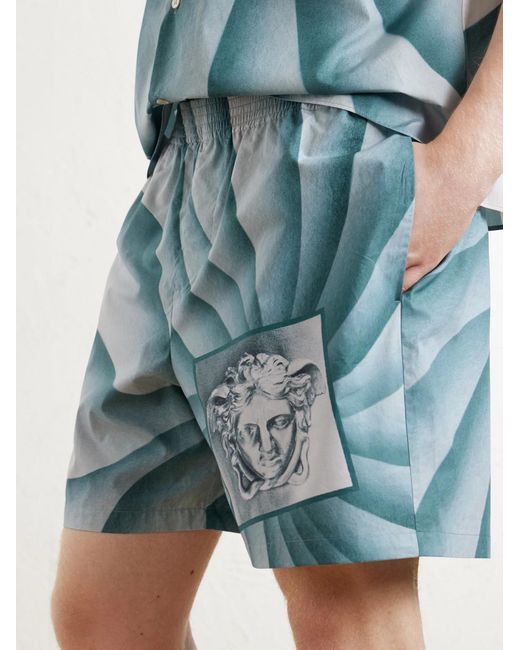 Versace Blue Wide-Leg Printed Cotton-Poplin Shorts for men