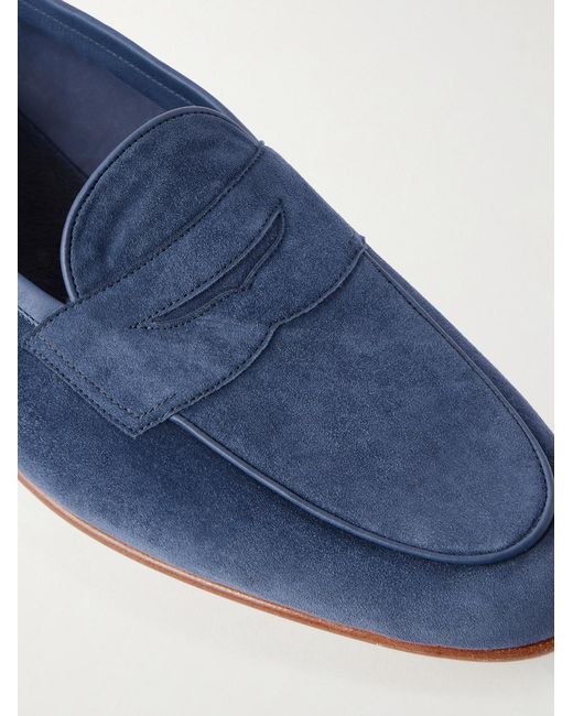 Edward Green Blue Polperro Leather-Trimmed Suede Penny Loafers for men