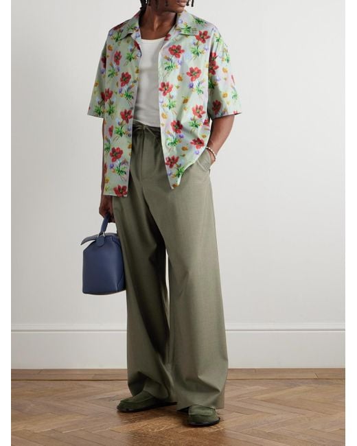Loewe Green Wide-Leg Logo-Embroidered Pleated Wool Drawstring Trousers for men