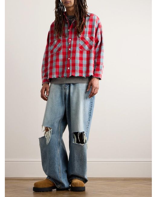 SAINT Mxxxxxx Red Distressed Checked Cotton-Flannel Shirt for men