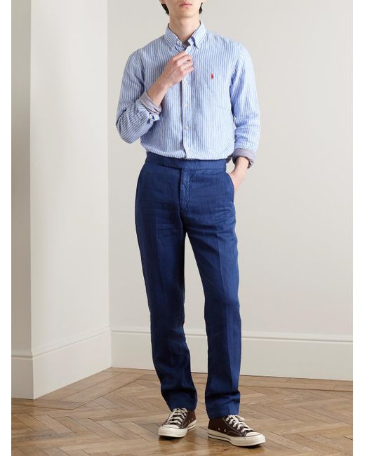 Polo Ralph Lauren Gestreiftes Hemd aus Leinen mit Button-Down-Kragen und Logostickerei in Blue für Herren