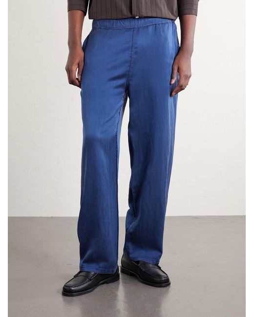 Remi Relief Blue Straight-leg Silk And Cotton-blend Satin Trousres for men