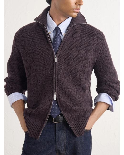 Eleventy Purple Cable-knit Wool And Cashmere-blend Zip-up Sweater for men
