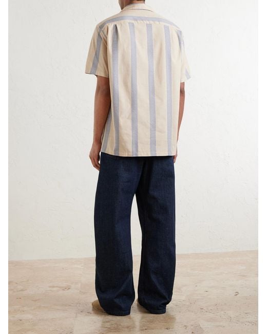 Portuguese Flannel Natural Lousada Camp-Collar Embroidered Striped Cotton Shirt for men