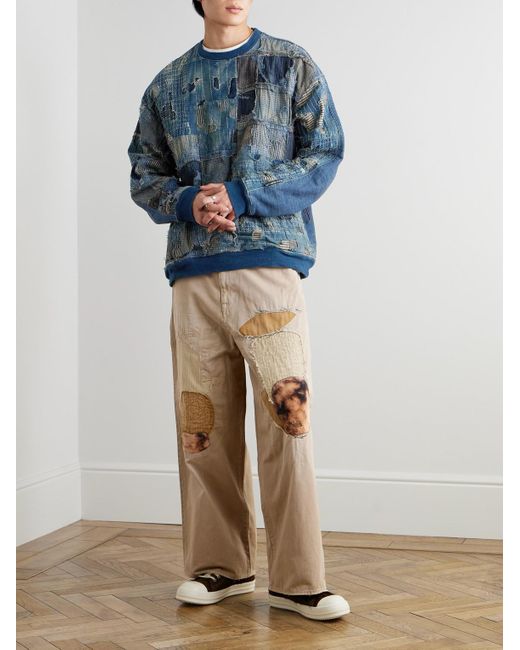 Kapital Natural Katsuragi Port Straight-Leg Patchwork Distressed Cotton-Twill Trousers for men