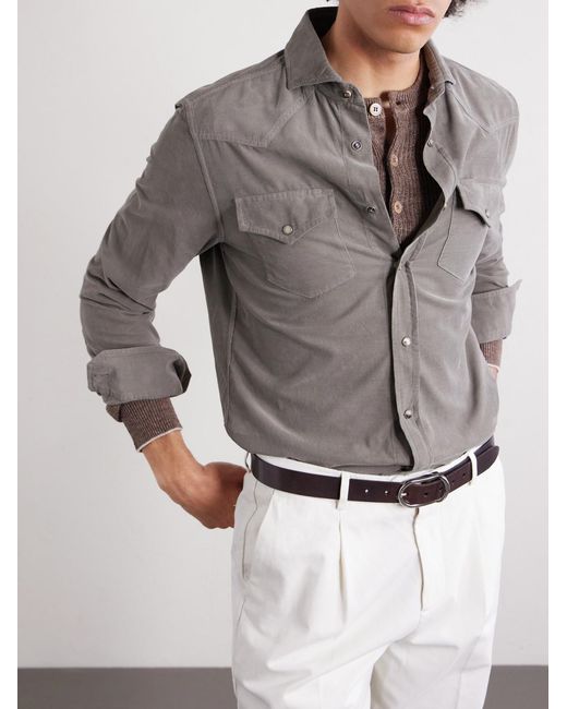 Brunello Cucinelli Gray Cutaway-Collar Cotton-Corduroy Western Shirt for men