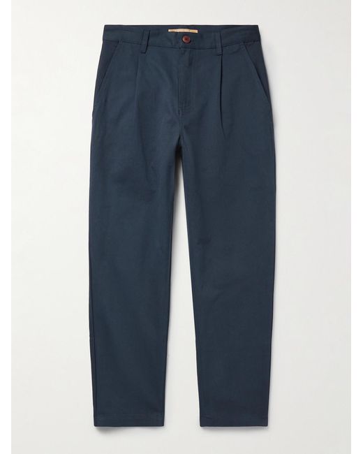 FRIZMWORKS Blue Haworth Tapered Cropped Pleated Cotton-Twill Trousers for men