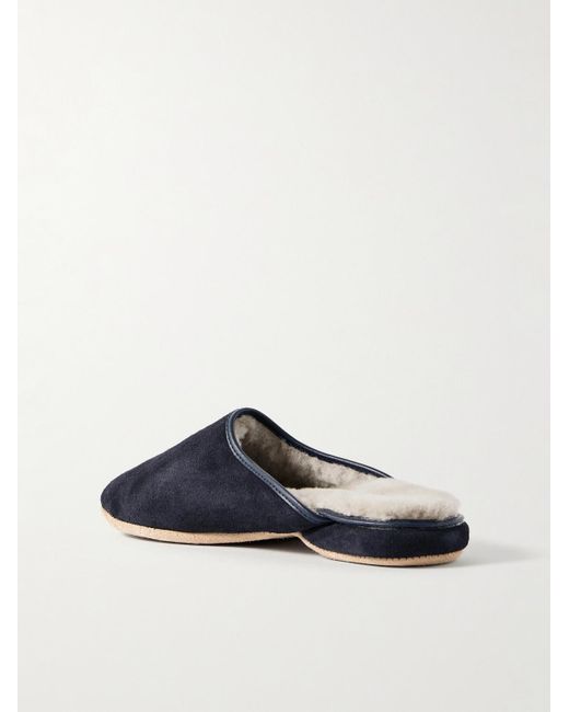 Derek Rose Blue Shearling-Lined Suede Slippers for men