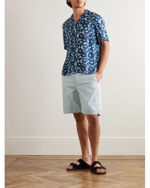Frescobol Carioca Blue Sergio Straight-leg Cotton-blend Seersucker Drawstring Shorts for men